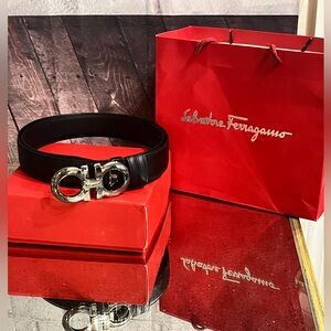 Ferragamo Men's Double Gancini Reversible Leather Black Belt